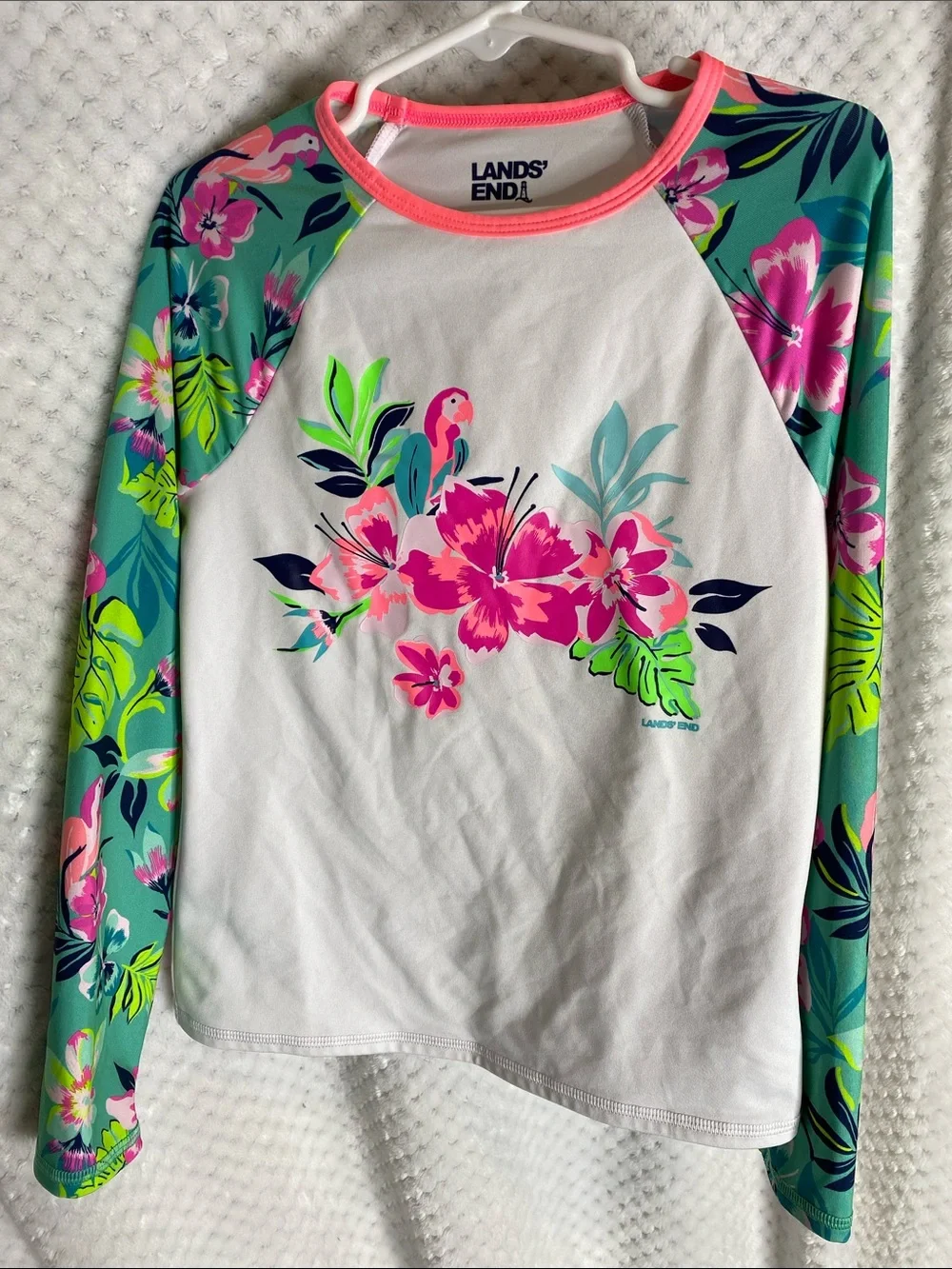 Lands' End White Raglan Rashguard Swim Top with Tropical print Sleeves & Neon